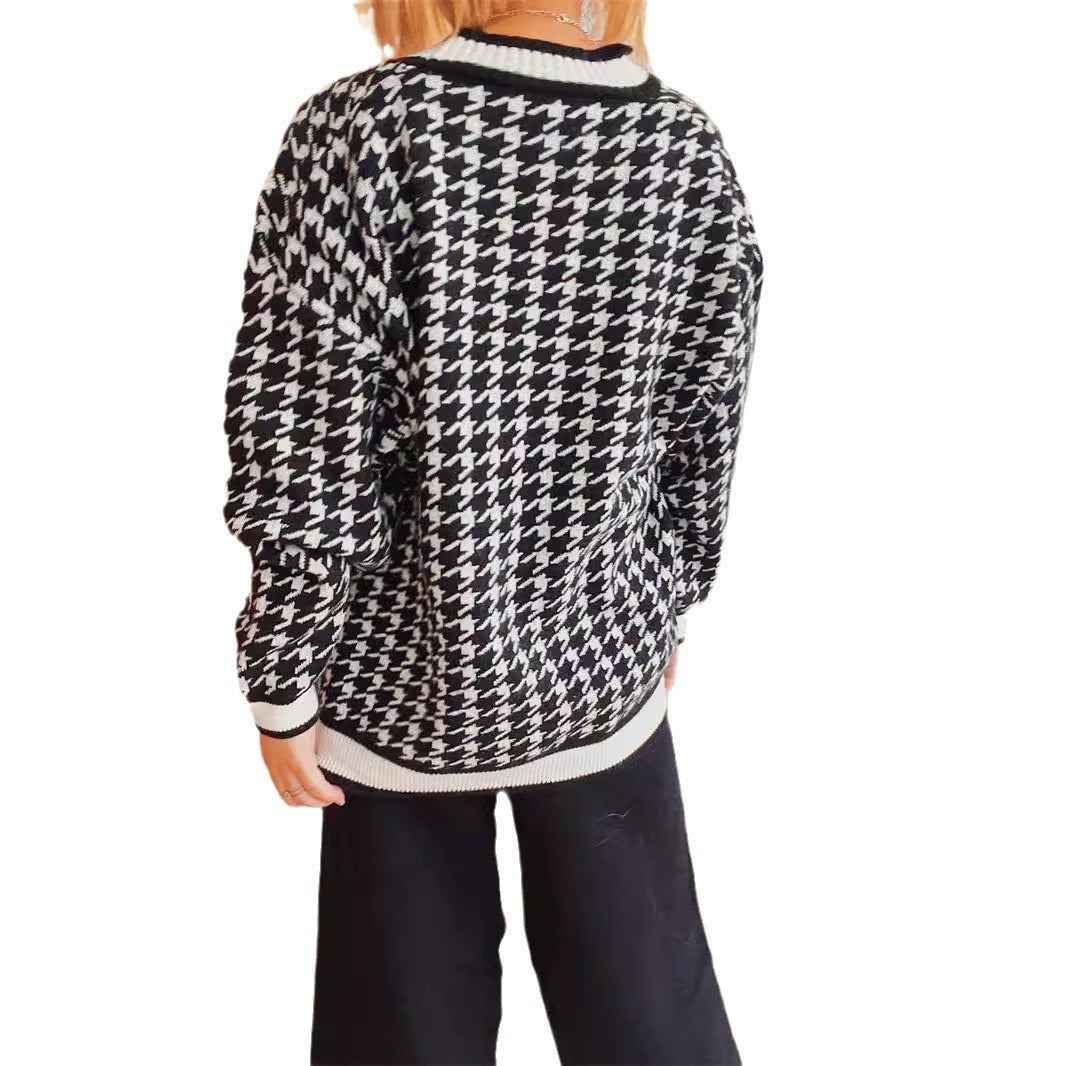 Damen oversized Strickjacke im klassischen Hahnentrittmuster Heidi-Mode