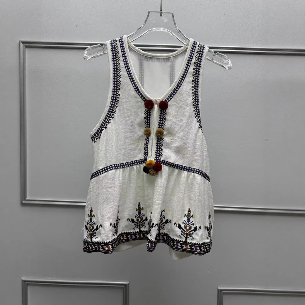 Damen ärmelloses Top mit bunten Stickereien und dekorativen Quasten Heidi-Mode