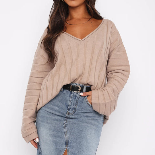 Damen Lässiges V-Ausschnitt Pullover-Top mit Rippstruktur und weiten Ärmeln Heidi-Mode