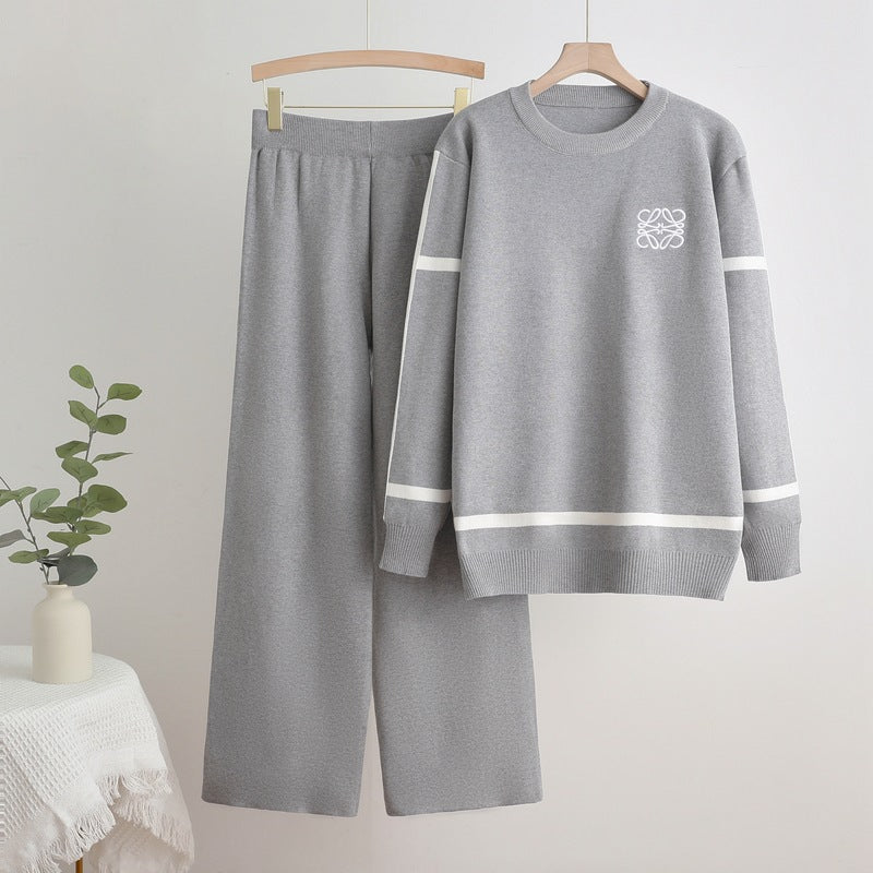 Damen modisches Freizeit-Loungewear-Set mit breiten Beinen und dezentem Logo Heidi-Mode
