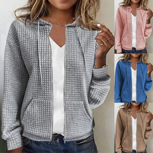 Damen Waffelstruktur Kapuzenjacke mit durchgehendem Reißverschluss und praktischen Taschen Heidi-Mode