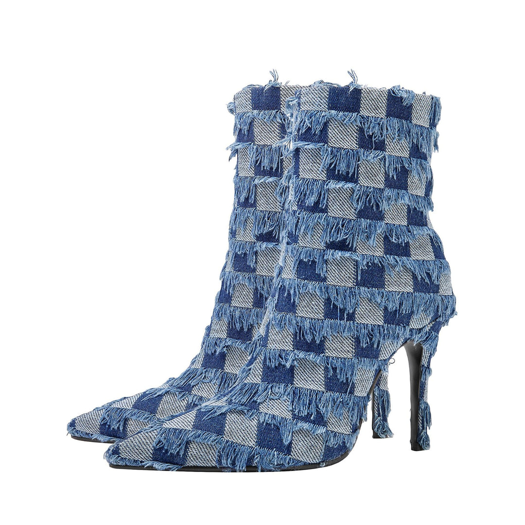 Femme Chunky-Heeled Pointed-Toe Ankle Boots mit fransiger Denim-Textur Heidi-Mode