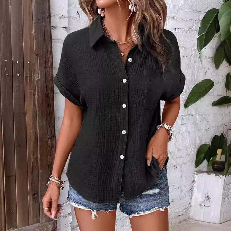 Damen lässige Kurzarm-Hemdbluse aus strukturiertem Stoff Heidi-Mode
