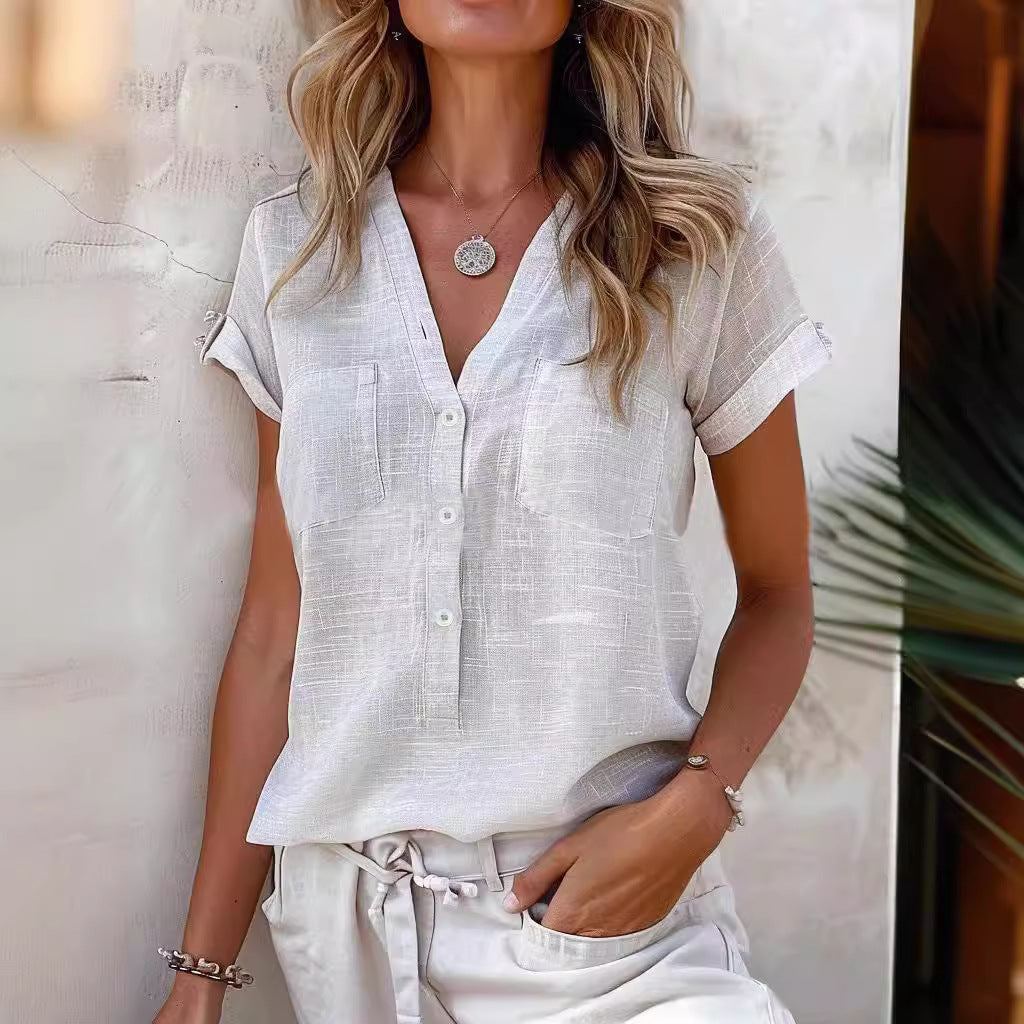 Damen Kurzarm Leinenbluse mit Knopfdetails Heidi-Mode