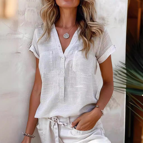 Damen Kurzarm Leinenbluse mit Knopfdetails Heidi-Mode
