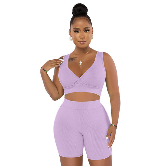 Damen Sportliches Set aus Cropped Oberteil und Radlerhosen mit Rippstruktur Heidi-Mode