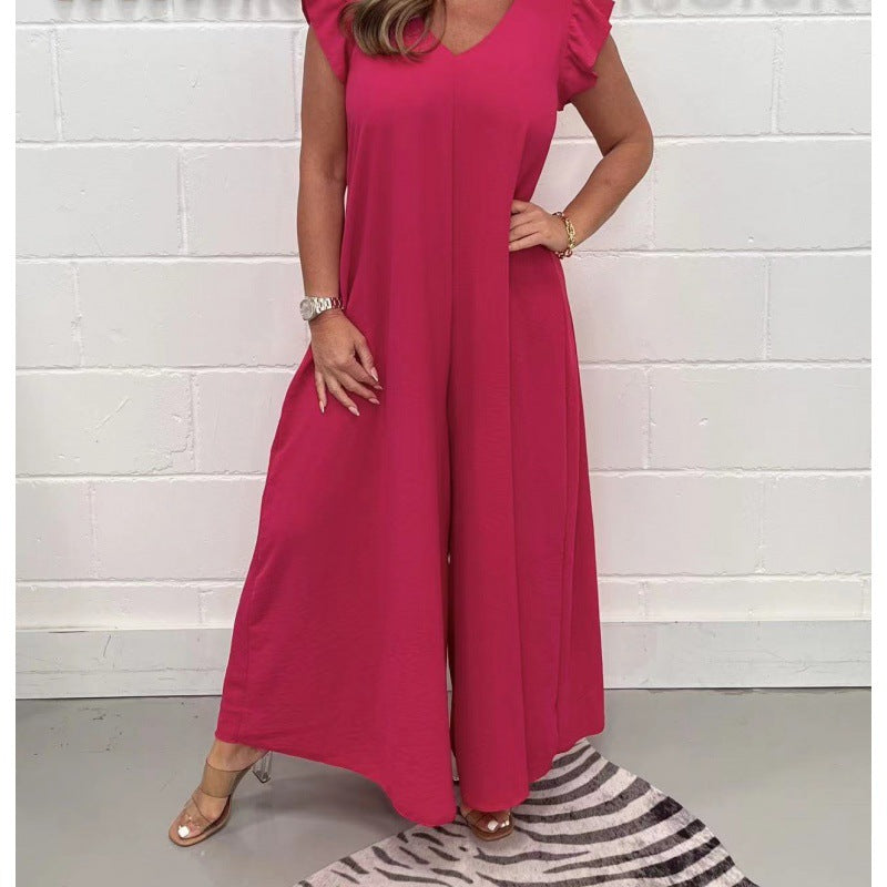 Damen luftiger Jumpsuit mit weit geschnittenem Bein und V-Ausschnitt Heidi-Mode