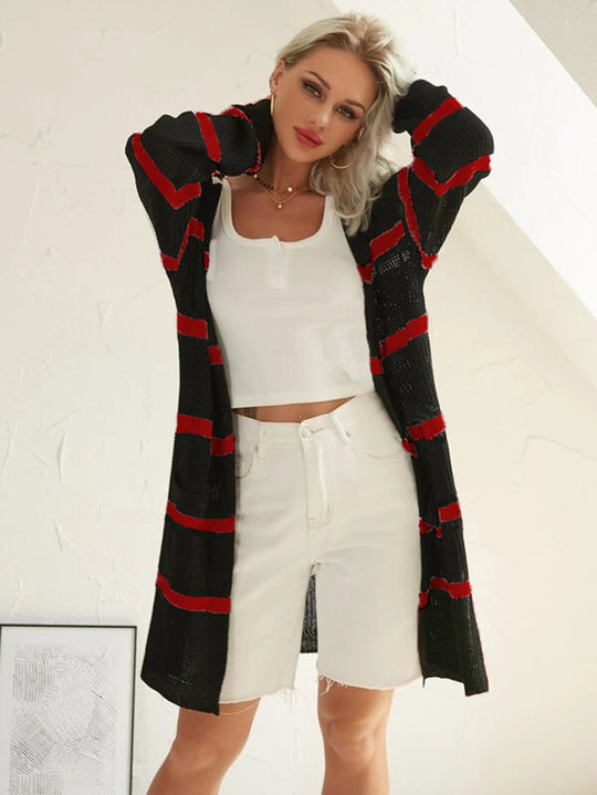 Damen Strickmantel im modischen Lagenlook mit gestreiftem Design Heidi-Mode