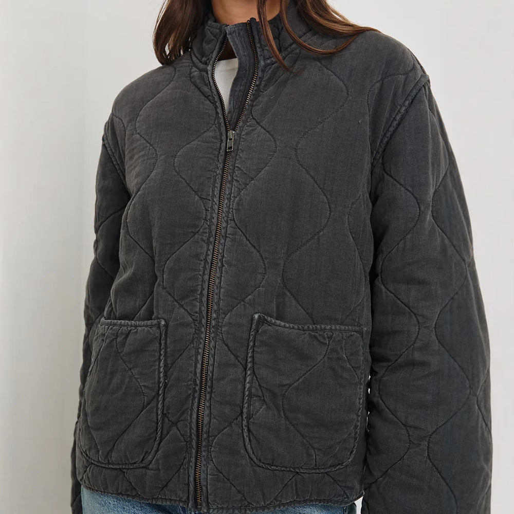 Damen gesteppte Utility-Jacke mit praktischen Taschen und hohem Kragen Heidi-Mode
