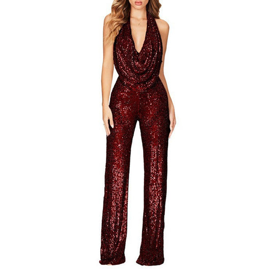 Damen Glitzerndes Jumpsuit mit tiefem V-Ausschnitt und weitem Bein Heidi-Mode