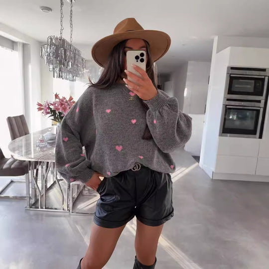 Damen lässiger Strickpullover mit herzförmigen Mustern und angeschnittenen Ärmeln Heidi-Mode