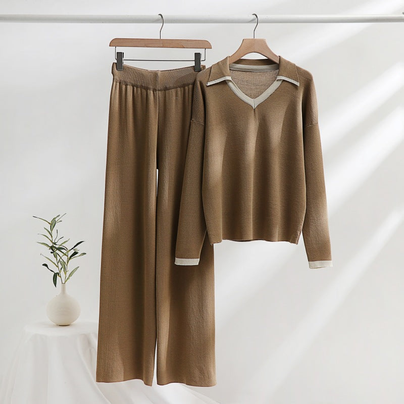 Damen gemütliches Strick-Loungewear-Set mit kontrastierendem Kragen und weitem Bein Heidi-Mode