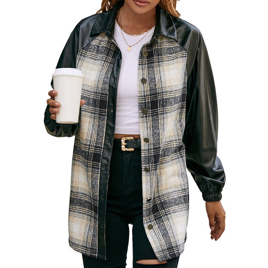Damen modische Karomuster Jacke mit Lederärmeln Heidi-Mode