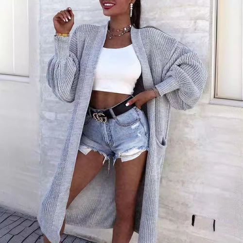 Damen Langer Strickmantel mit großzügigen Taschen Heidi-Mode