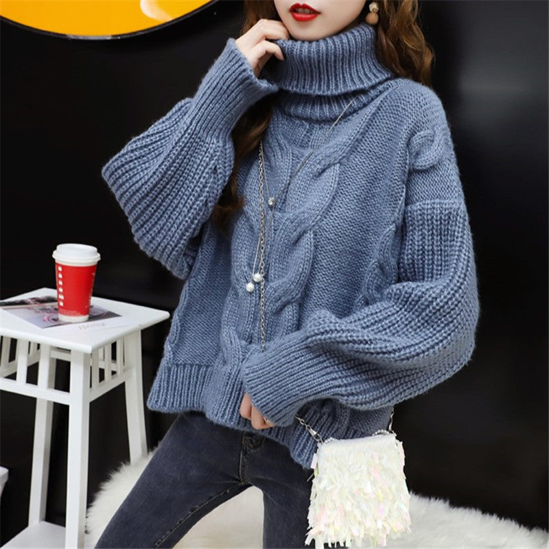 Damen Grobstrickpullover mit hohem Rollkragen und modernem Zopfmuster Heidi-Mode