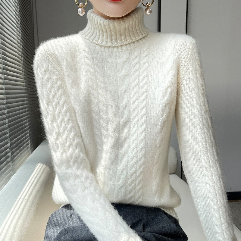 Damen Grobstrickpullover mit hohem Kragen und strukturiertem Zopfmuster Heidi-Mode