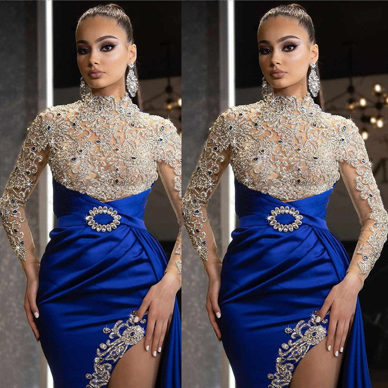 Damen Elegantes Abendkleid mit aufwendigen Spitzenapplikationen und hohem Schlitz Heidi-Mode