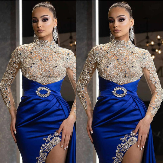 Damen Elegantes Abendkleid mit aufwendigen Spitzenapplikationen und hohem Schlitz Heidi-Mode