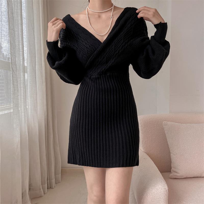 Damen Elegantes Strickkleid mit V-Ausschnitt und strukturiertem Oberteil Heidi-Mode