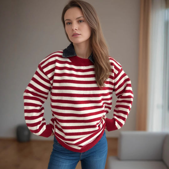 Damen lässiger Pullover mit strukturellem Streifenmuster und modischem Kragen Heidi-Mode