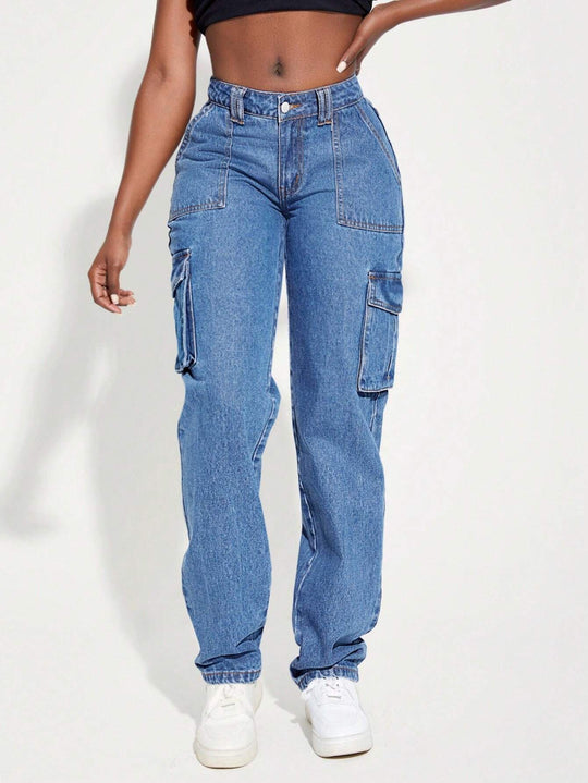 Damen Vintage Cargo Jeans mit elastischem Bund und seitlichen Taschen Heidi-Mode