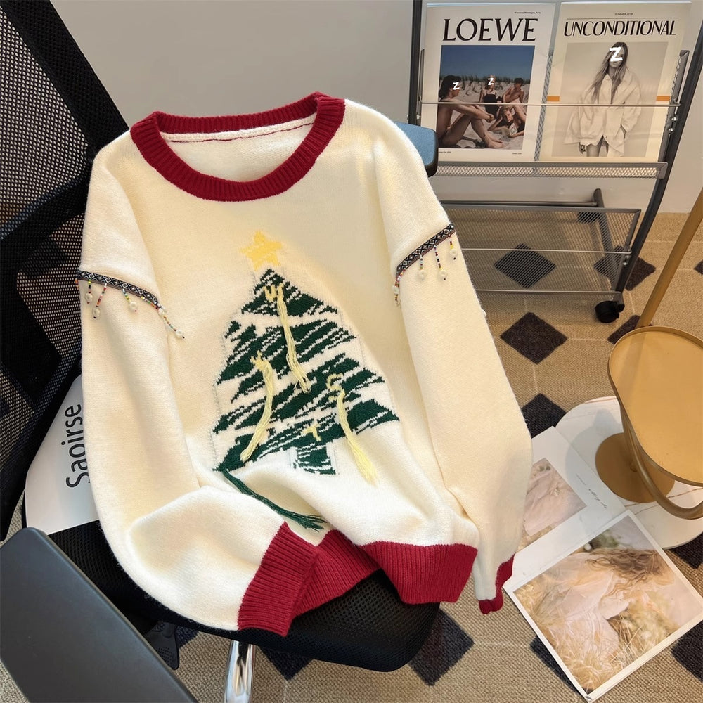 Damen festlicher Strickpullover mit Tannenbaum-Motiv und verspielten Akzenten Heidi-Mode