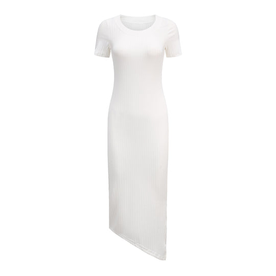 Damen elegantes Maxikleid mit raffiniertem Rippdesign und kurzen Ärmeln Heidi-Mode