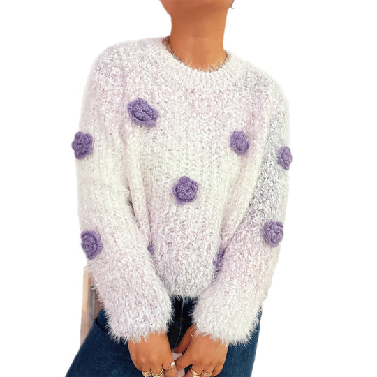 Damen gemütlicher, fluffiger Pullover mit verspielten Blumenapplikationen Heidi-Mode