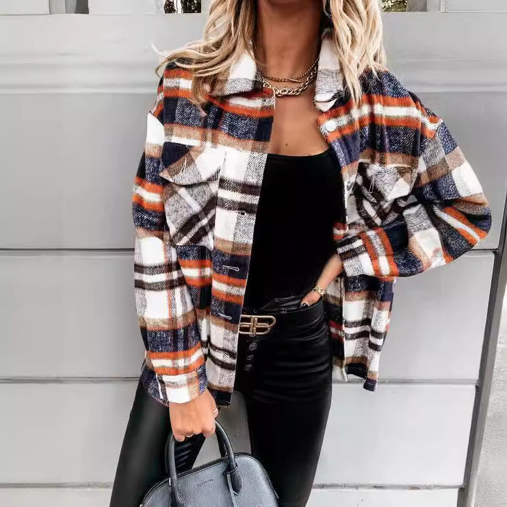 Damen Karo-Hemdenjacke im Oversized-Stil mit Druckknopfverschluss Heidi-Mode