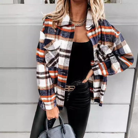 Damen Karo-Hemdenjacke im Oversized-Stil mit Druckknopfverschluss Heidi-Mode