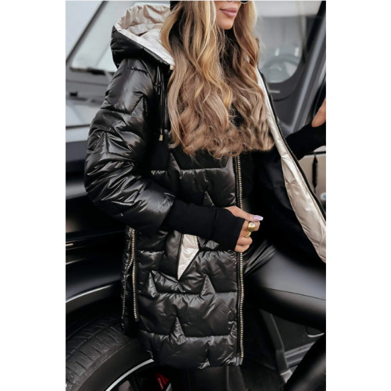 Damen Longline Steppjacke mit abnehmbarem Kapuzenfutter und seitlichen Reißverschlusstaschen Heidi-Mode