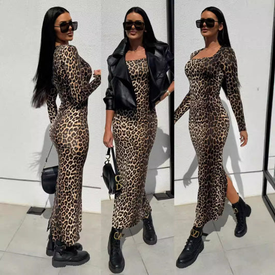 Damen Tierdruck Langarm Maxi Kleid Heidi-Mode