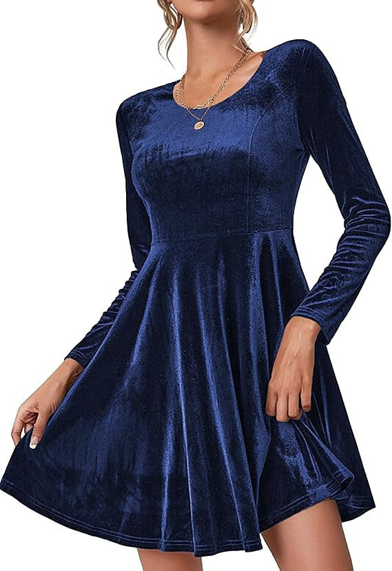 Damen Fließendes Samtkleid mit langen Ärmeln und weit schwingendem Rock Heidi-Mode
