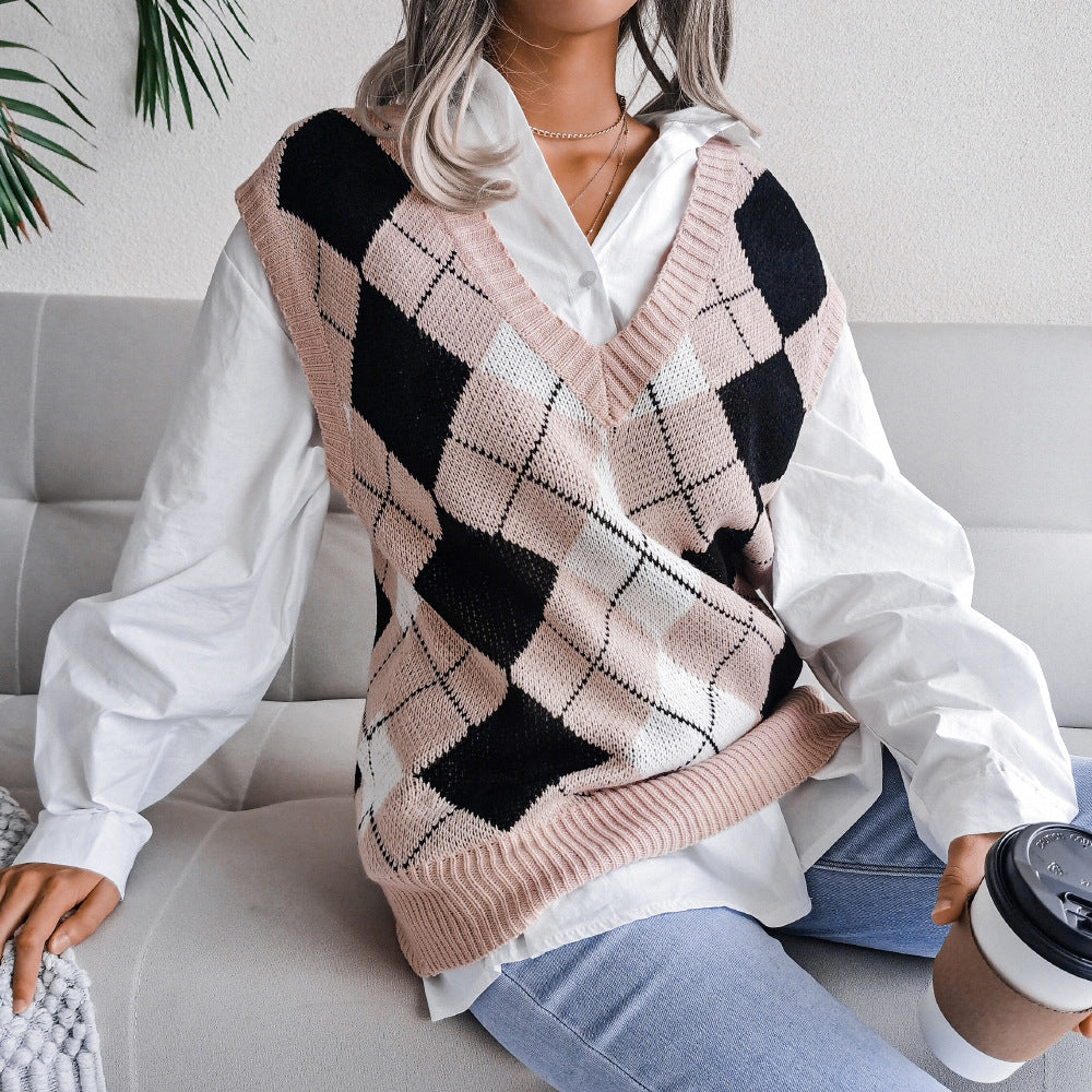 Heidi-Mode | Damen Argyle Strickwesten mit Langarmbluse