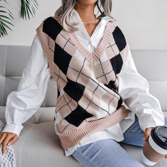 Heidi-Mode | Damen Argyle Strickwesten mit Langarmbluse