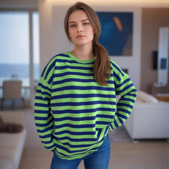 Damen lässiger Oversize-Pullover mit breiten Streifen Heidi-Mode
