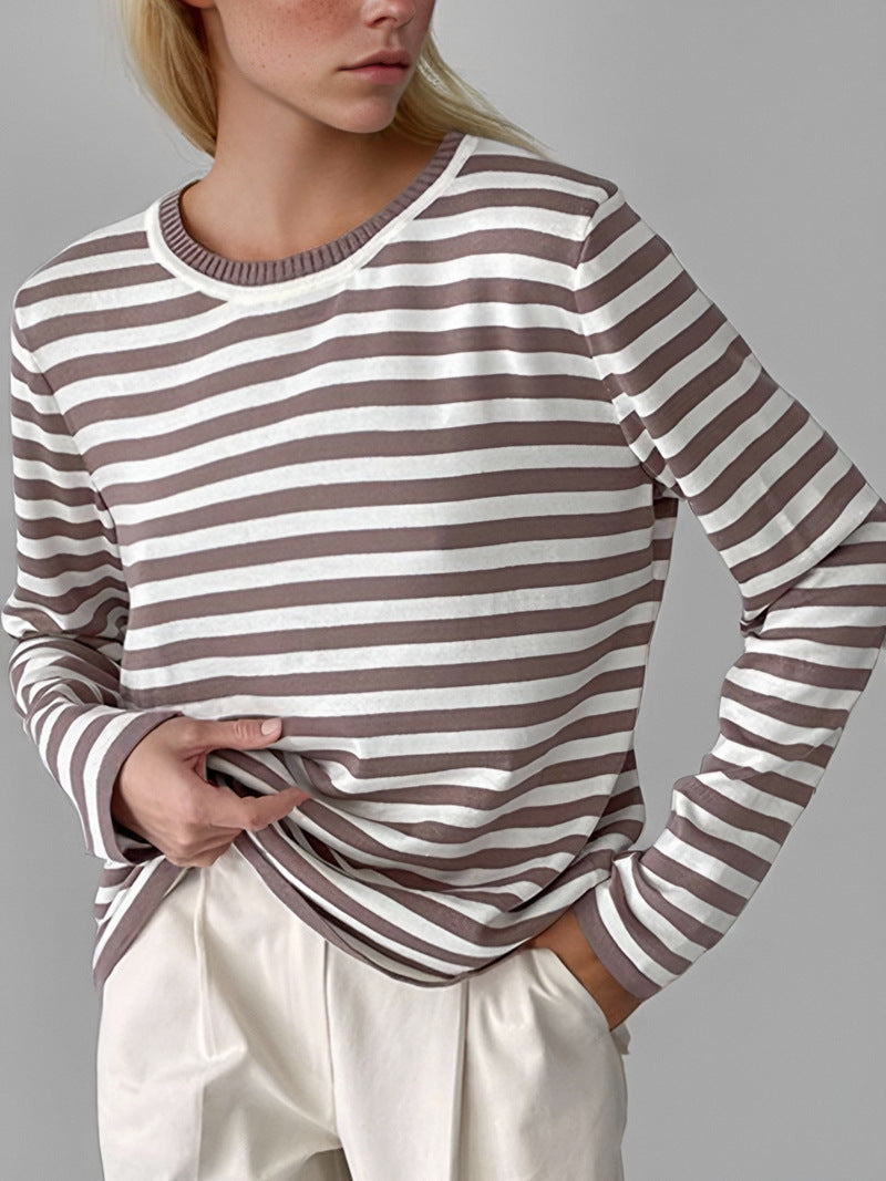 Damen gestreifter Langarmpullover mit Rundhalsausschnitt und lässigem Schnitt Heidi-Mode