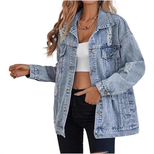 Damen lässige Oversized Jeansjacke mit distressed Details und hochwertigen Metallknöpfen Heidi-Mode