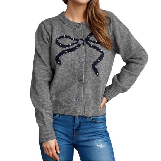 Damen Strickjacke mit verspieltem Schleifenmotiv und hochwertigen Knopfdetails Heidi-Mode