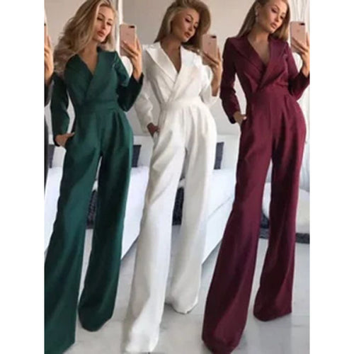 Damen eleganter Jumpsuit mit langem Bein und klassischem Schauspielkragen Heidi-Mode