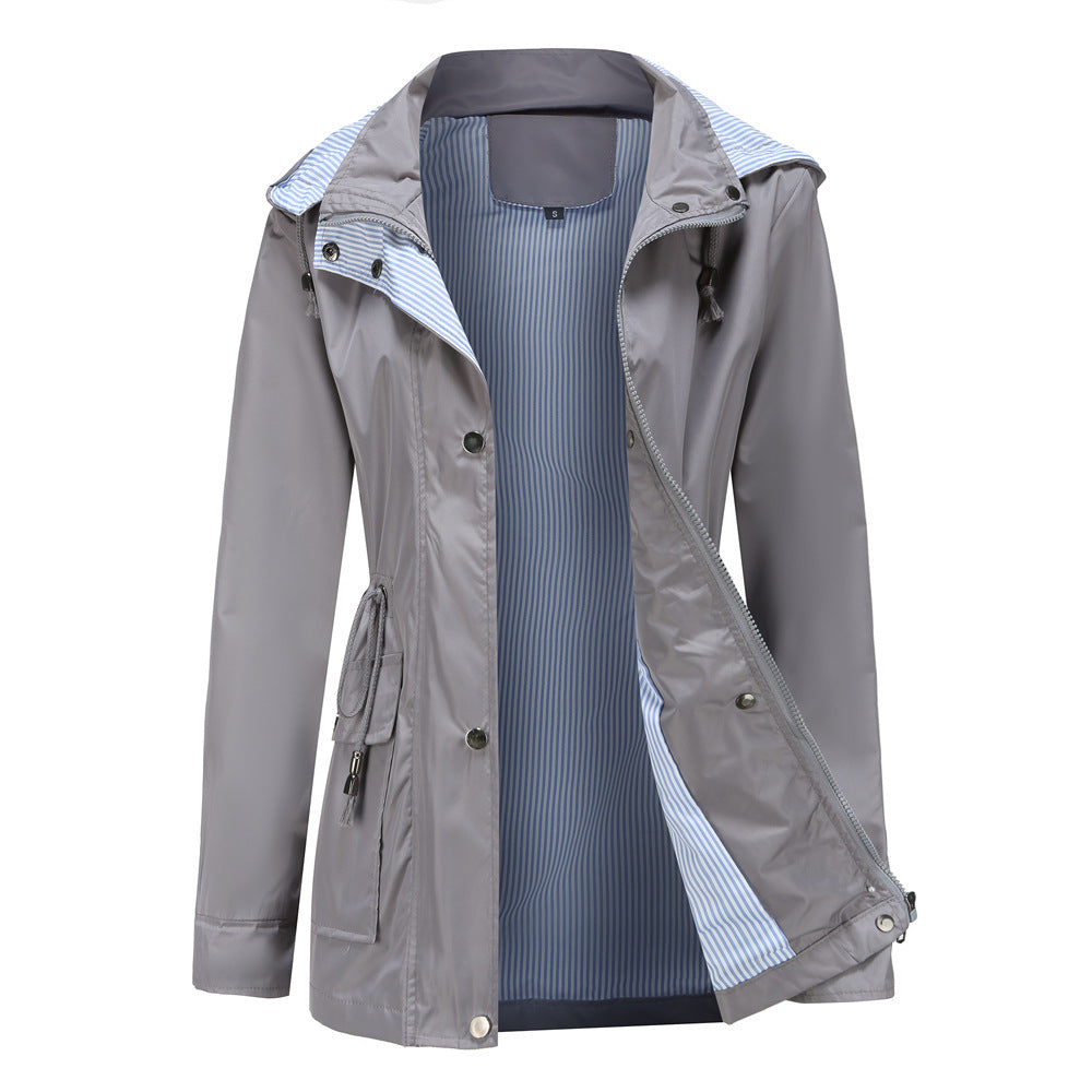 Damen Wetterfeste Regenjacke mit verstellbarem Kapuzenkragen und Taillenzug Heidi-Mode