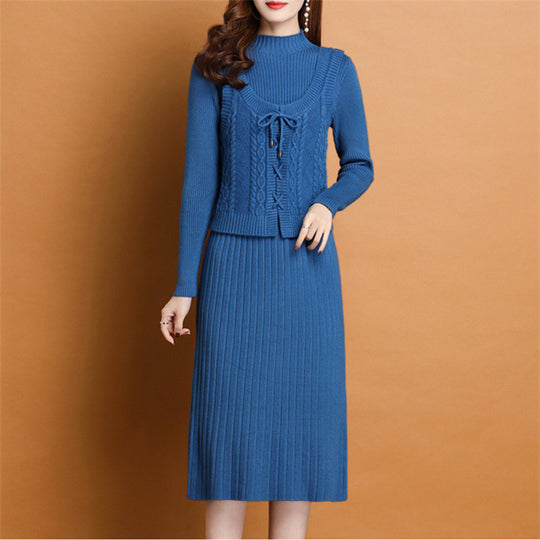 Damen elegantes Strickkleid mit hochgeschlossenem Kragen und dekorativem Zopfdesign Heidi-Mode