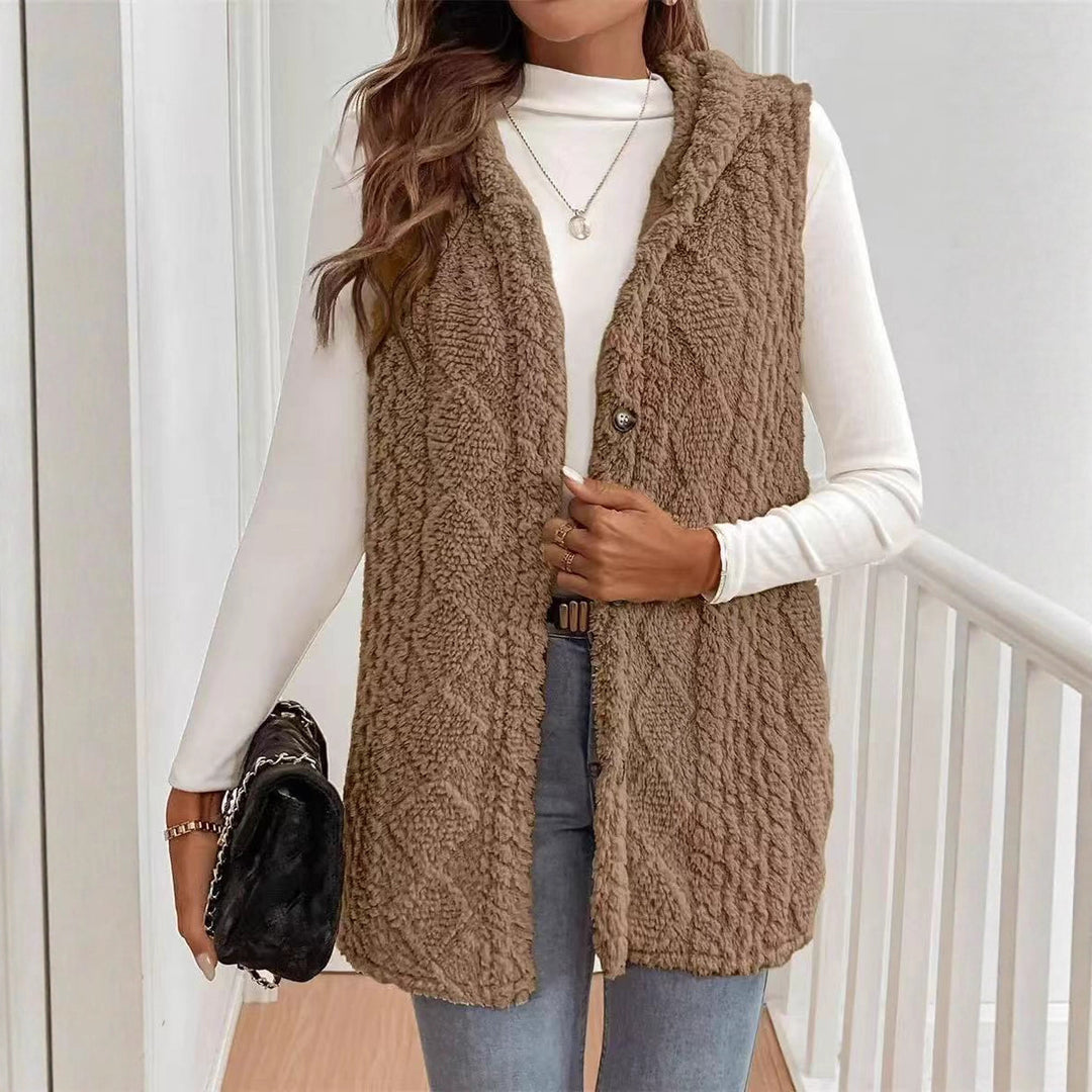 Damen Kuschelige Fleece-Weste mit Kapuze und Knopfverschluss Heidi-Mode