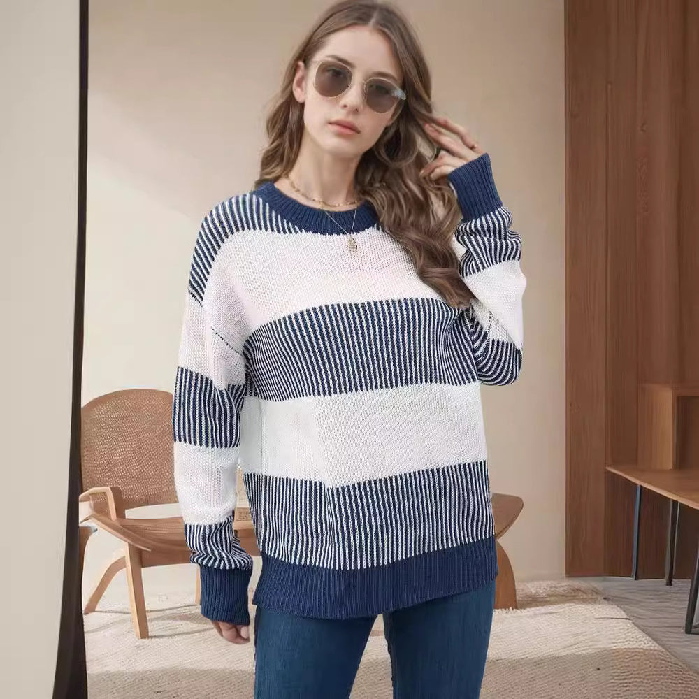 Damen gestreifter Strickpullover mit weitem Schnitt Heidi-Mode