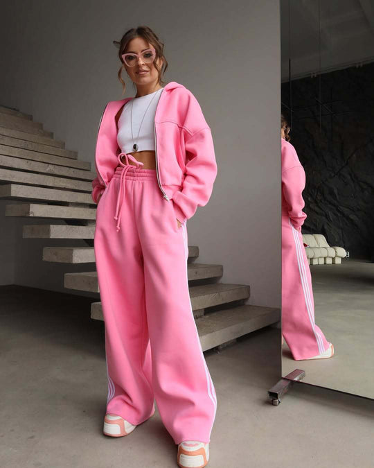 Damen Trendiges Sport-Lounge-Set mit cropped Sweatjacke und weit geschnittenen Jogginghosen Heidi-Mode