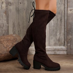 Damen Überknee-Stiefel mit modischem Leopardenmuster und robustem Blockabsatz Heidi-Mode