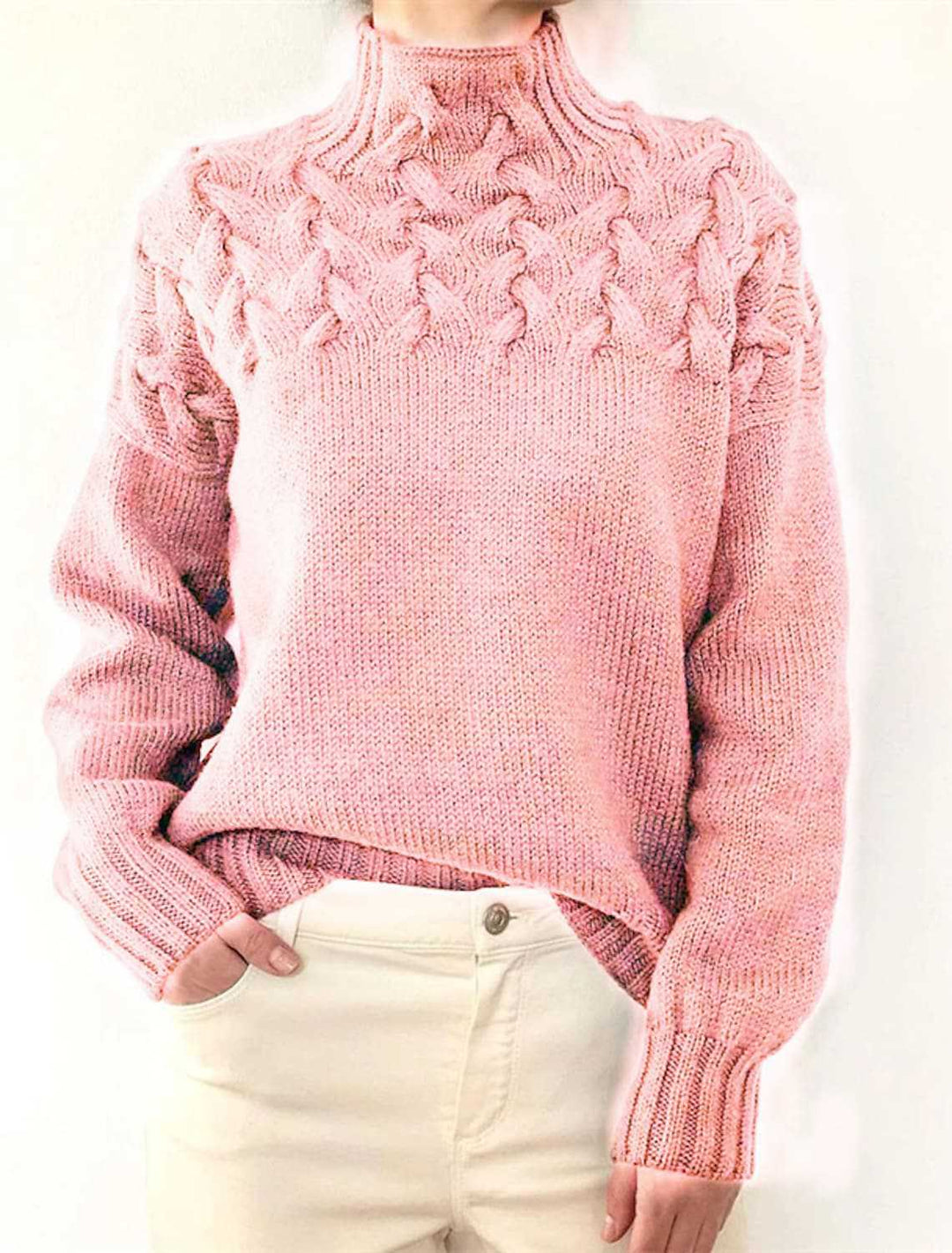 Damen Grobstrickpullover mit Stehkragen und Zopfmuster Heidi-Mode