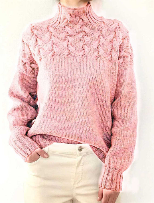 Damen Grobstrickpullover mit Stehkragen und Zopfmuster Heidi-Mode