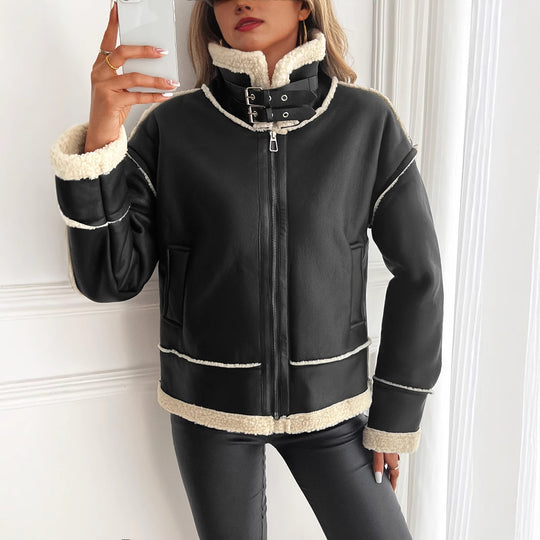 Damen stylische Kunstlederjacke mit Schaffellkragen Heidi-Mode