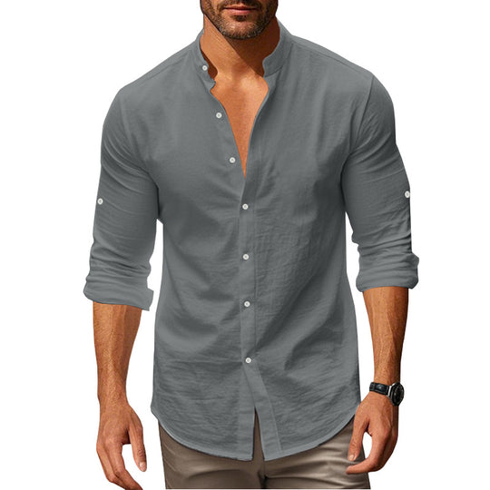 Herren Langarm-Hemd mit modischem Stehkragen und Knopfdetails Heidi-Mode